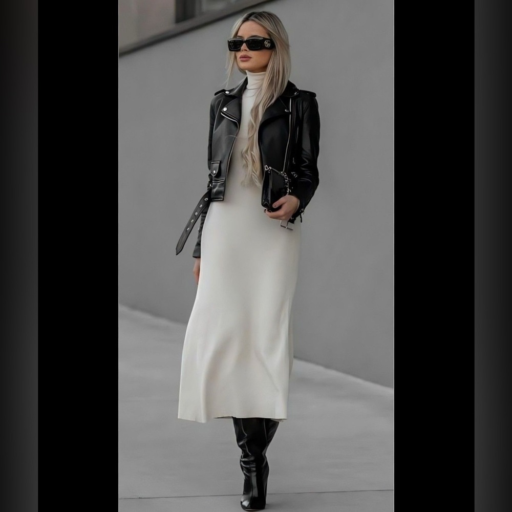 Zara Belted Long Knit Sweater Dress in Ecru
